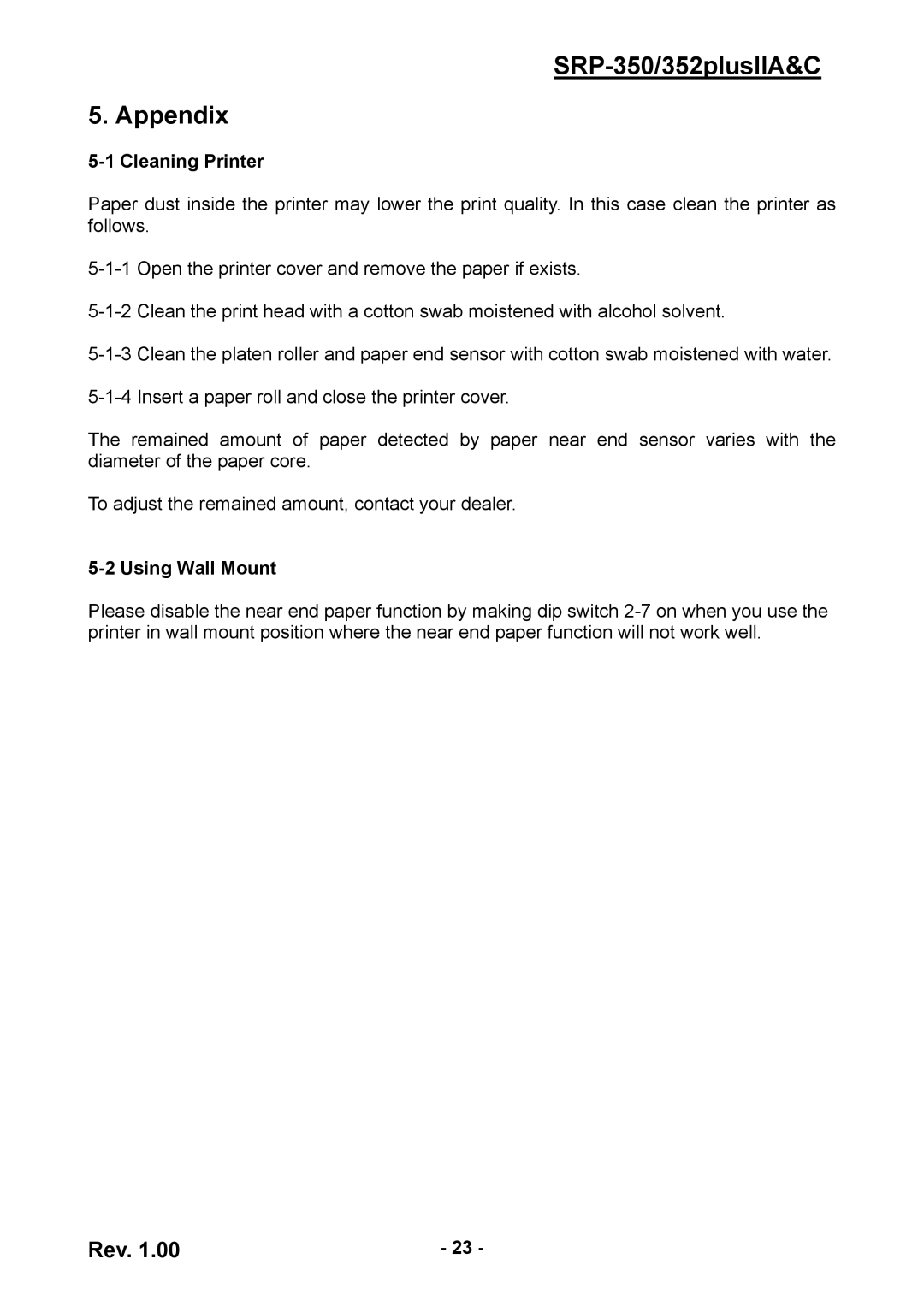 BIXOLON SRP-352 user manual SRP-350/352plusIIA&C Appendix, Cleaning Printer, Using Wall Mount 