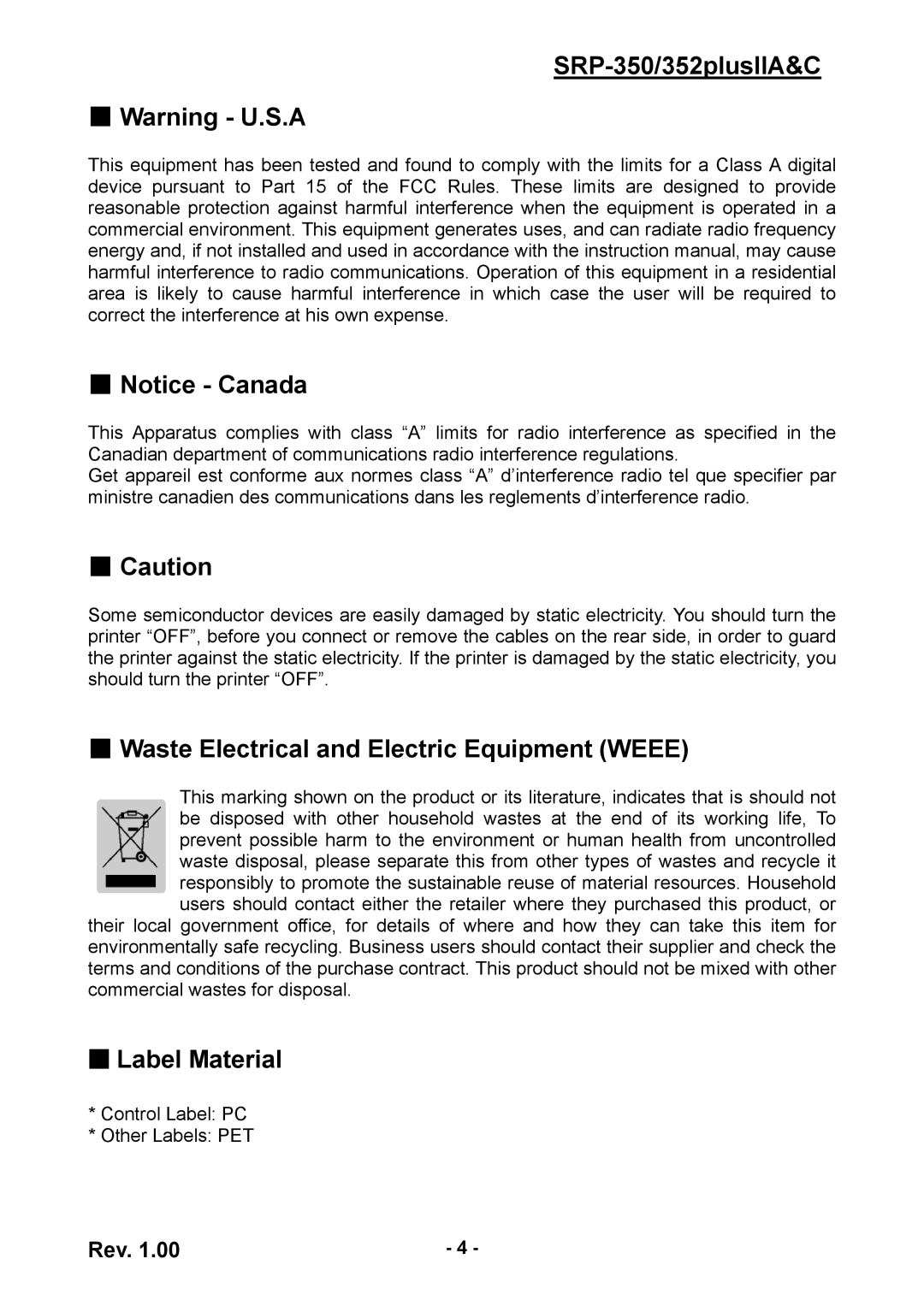 BIXOLON SRP-352 user manual Waste Electrical and Electric Equipment Weee, Label Material 