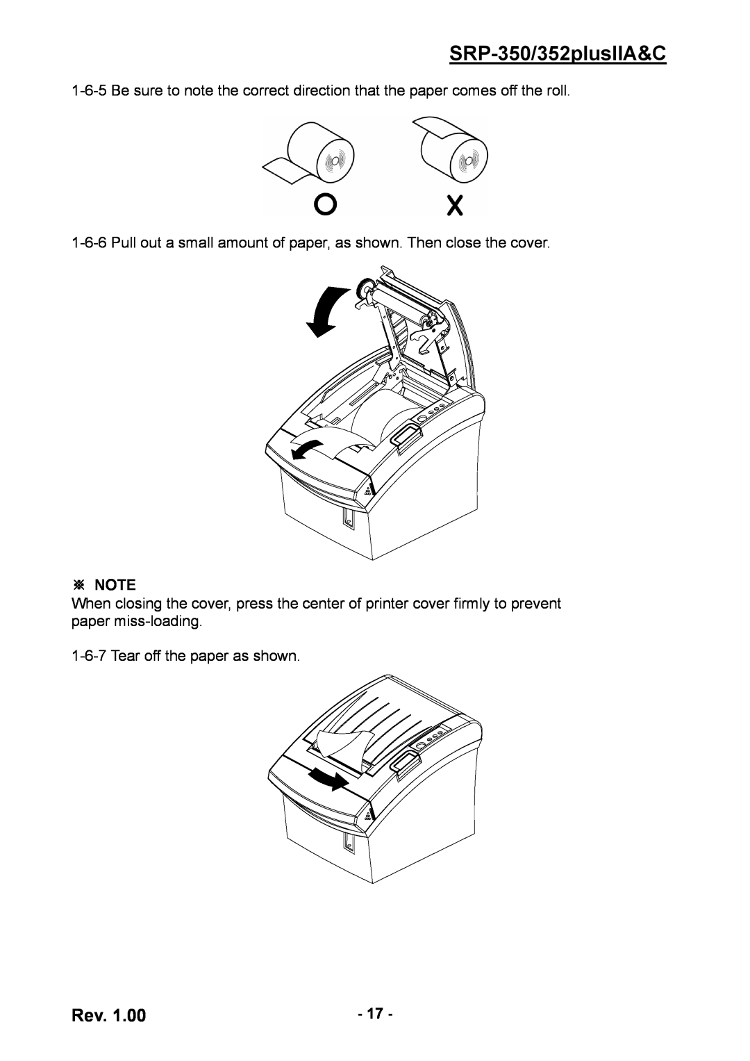BIXOLON SRP-352 user manual SRP-350/352plusIIA&C, ※ Note, Tear off the paper as shown 