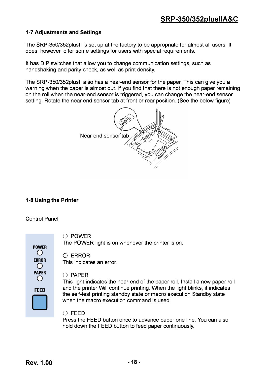 BIXOLON SRP-352 user manual Adjustments and Settings, Using the Printer, SRP-350/352plusIIA&C 