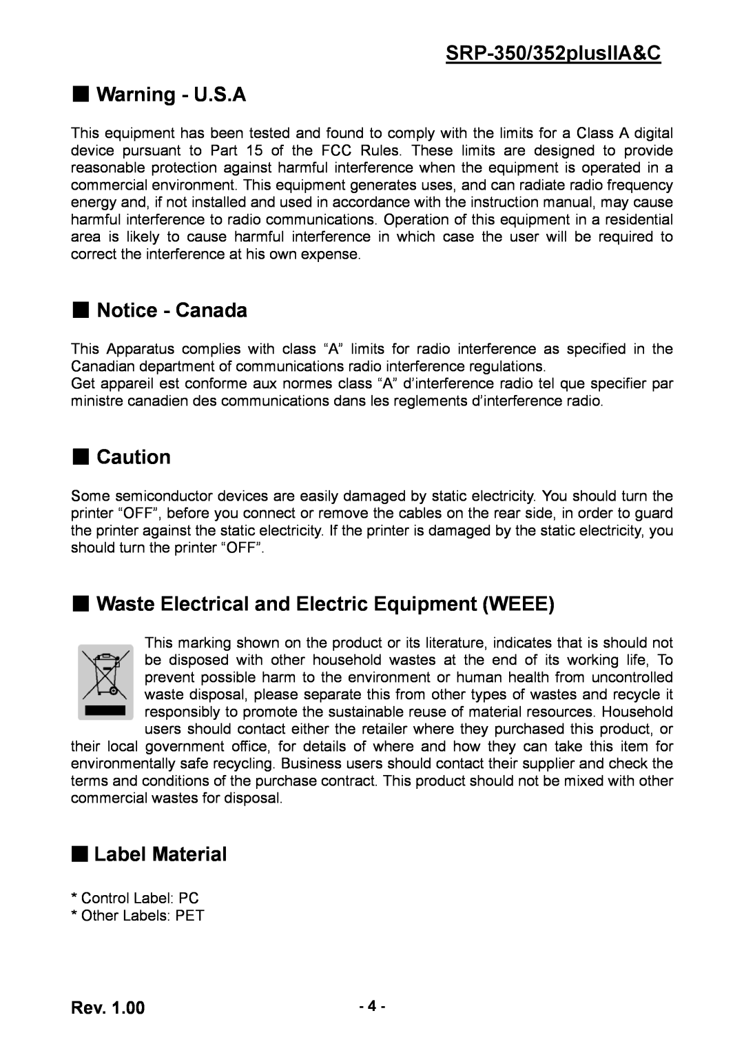 BIXOLON SRP-352 SRP-350/352plusIIA&C Warning - U.S.A, Notice - Canada, Waste Electrical and Electric Equipment WEEE 