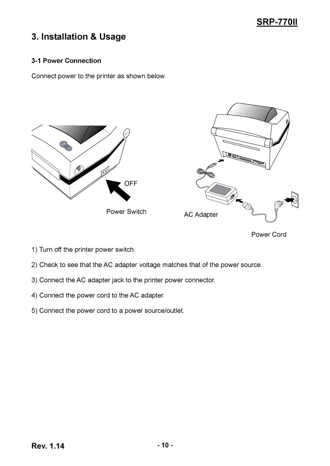 BIXOLON SRP-770II user manual Installation & Usage, Power Connection 