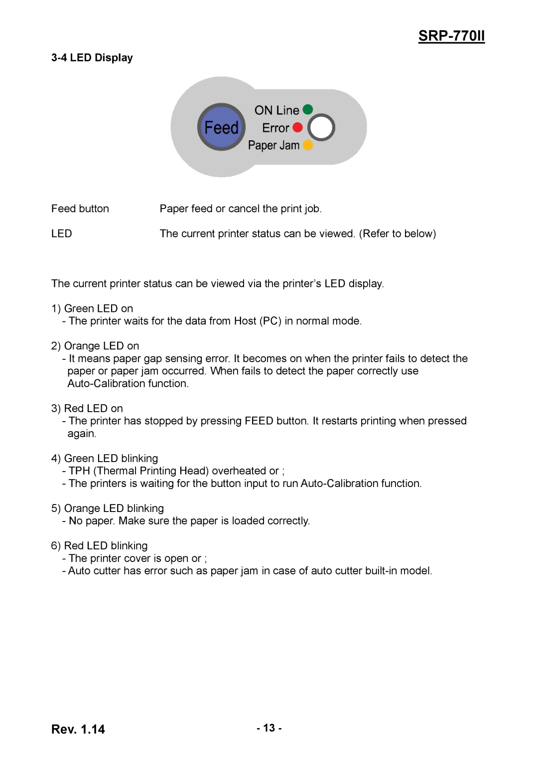 BIXOLON SRP-770II user manual LED Display, Led 