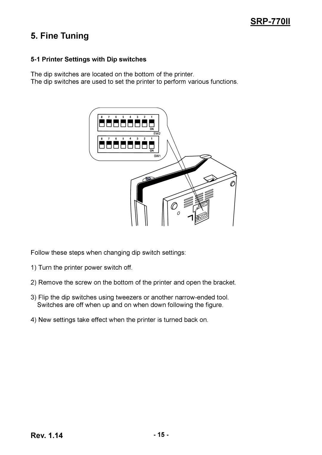 BIXOLON SRP-770II user manual Fine Tuning, Printer Settings with Dip switches 