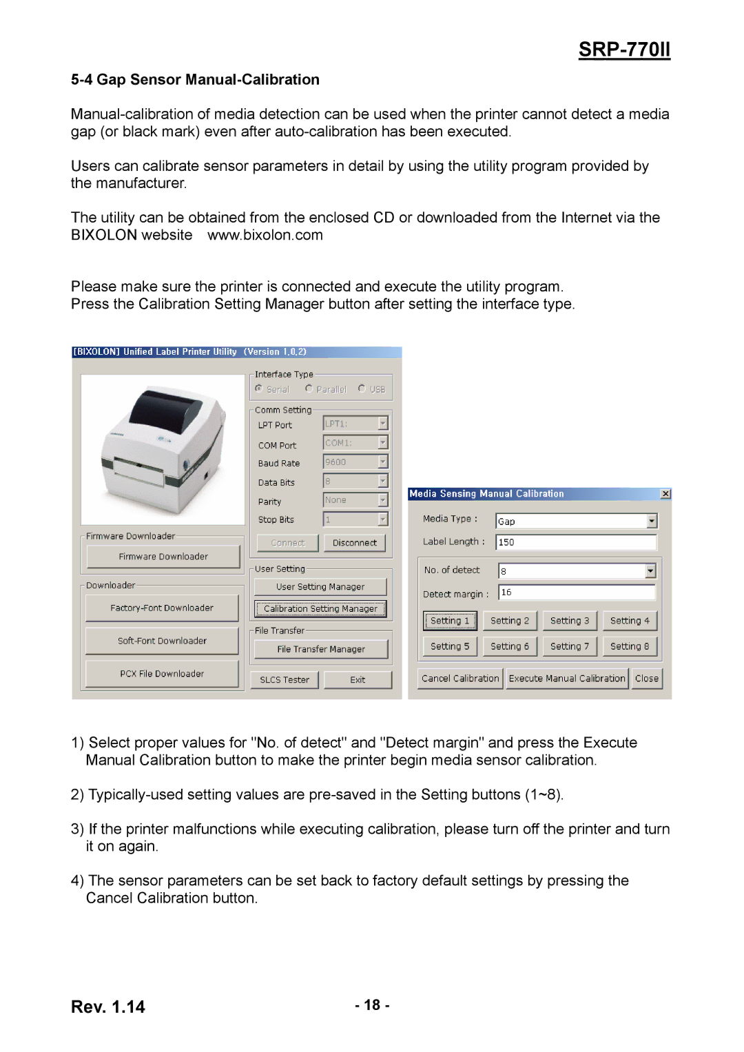 BIXOLON SRP-770II user manual Gap Sensor Manual-Calibration 