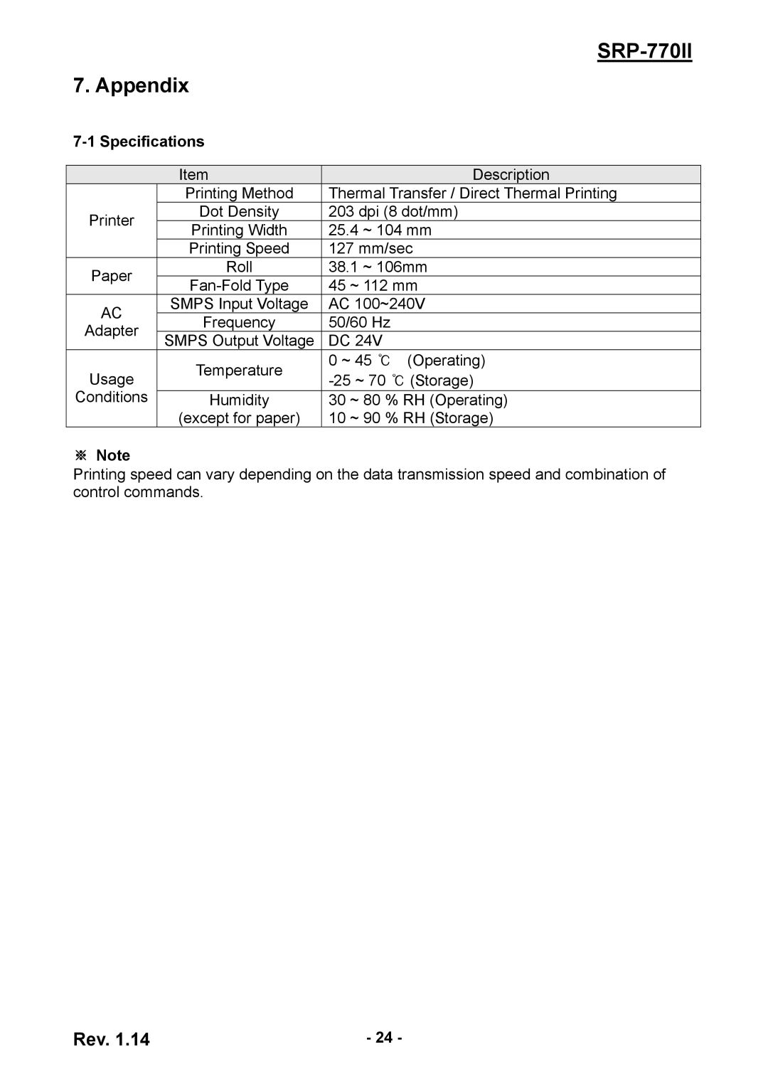 BIXOLON SRP-770II user manual Appendix, Specifications, ※ Note 