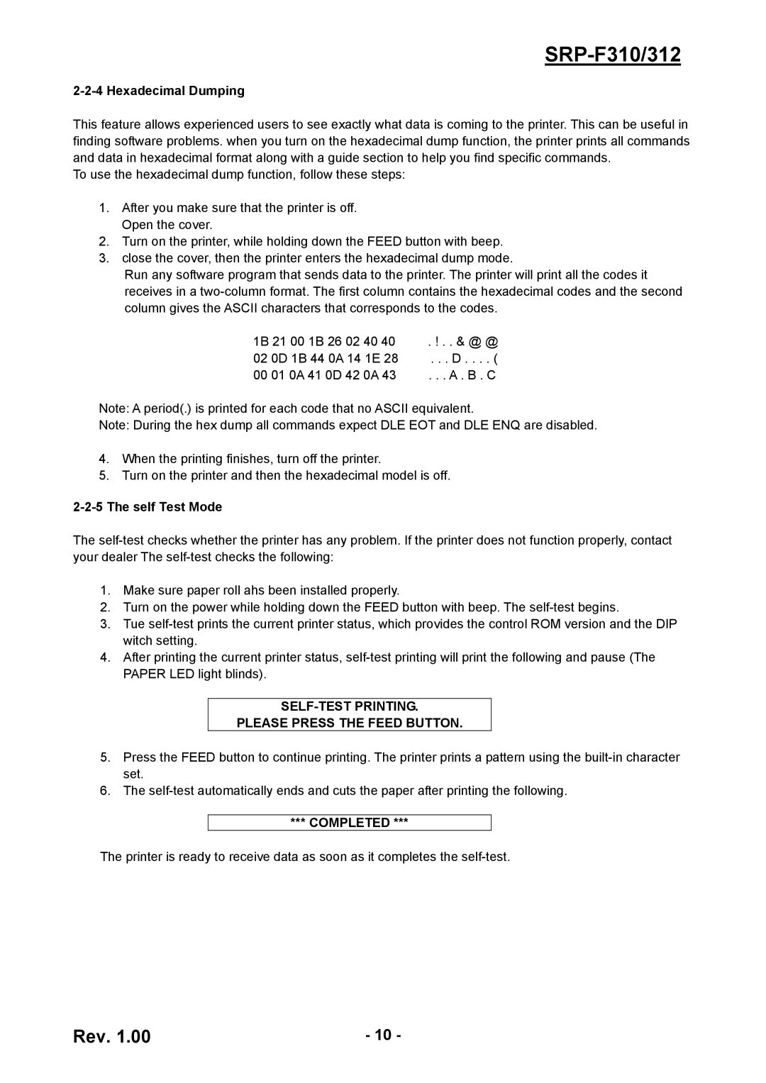 BIXOLON SRP-F310/312 service manual Hexadecimal Dumping, Self Test Mode 