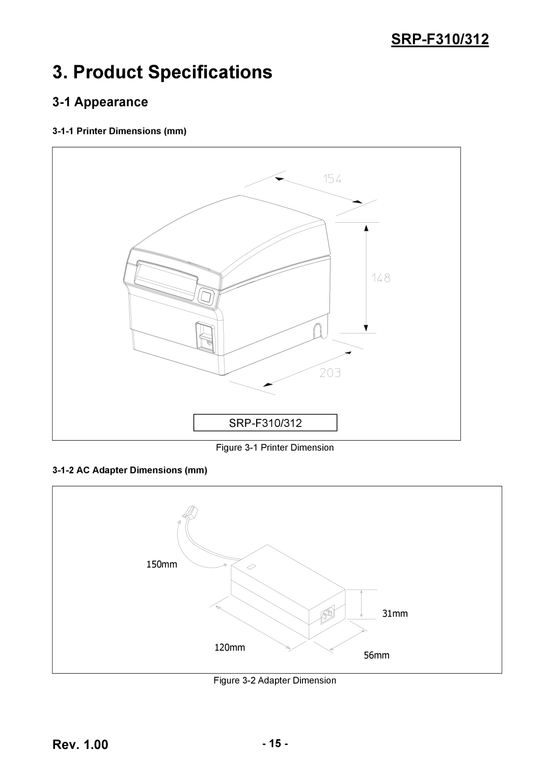 BIXOLON SRP-F310/312 service manual Appearance, Printer Dimensions mm, AC Adapter Dimensions mm 