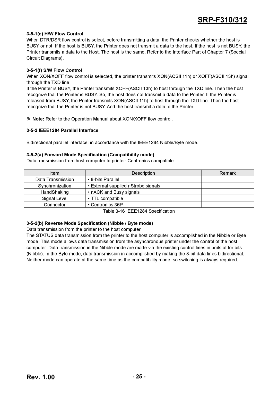 BIXOLON SRP-F310/312 service manual 1e H/W Flow Control, 1f S/W Flow Control, IEEE1284 Parallel Interface 