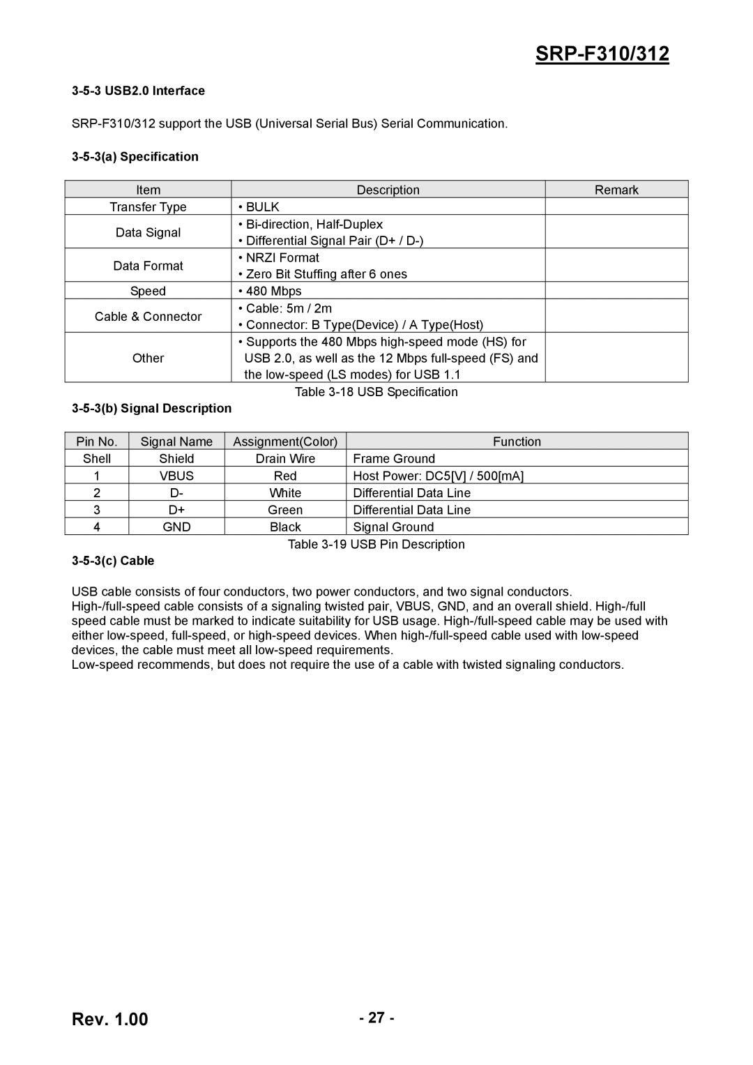 BIXOLON SRP-F310/312 service manual 3 USB2.0 Interface, 3a Specification, 3b Signal Description, 3c Cable 