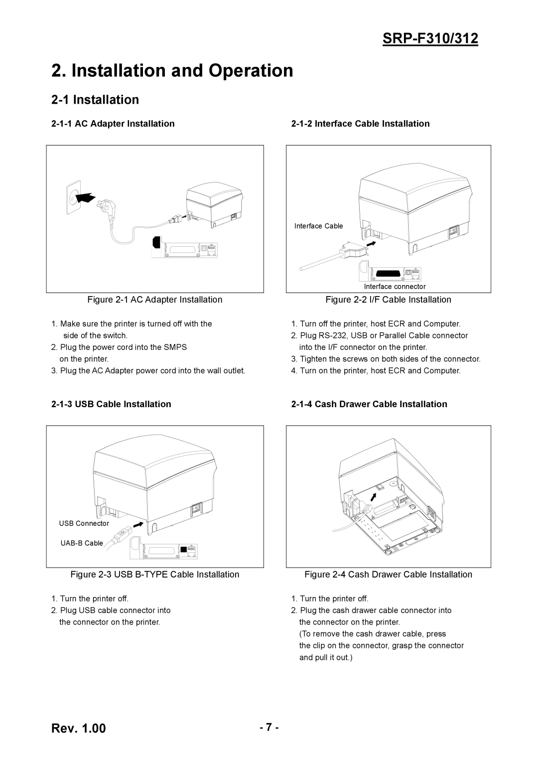 BIXOLON SRP-F310/312 service manual AC Adapter Installation, Interface Cable Installation, USB Cable Installation 