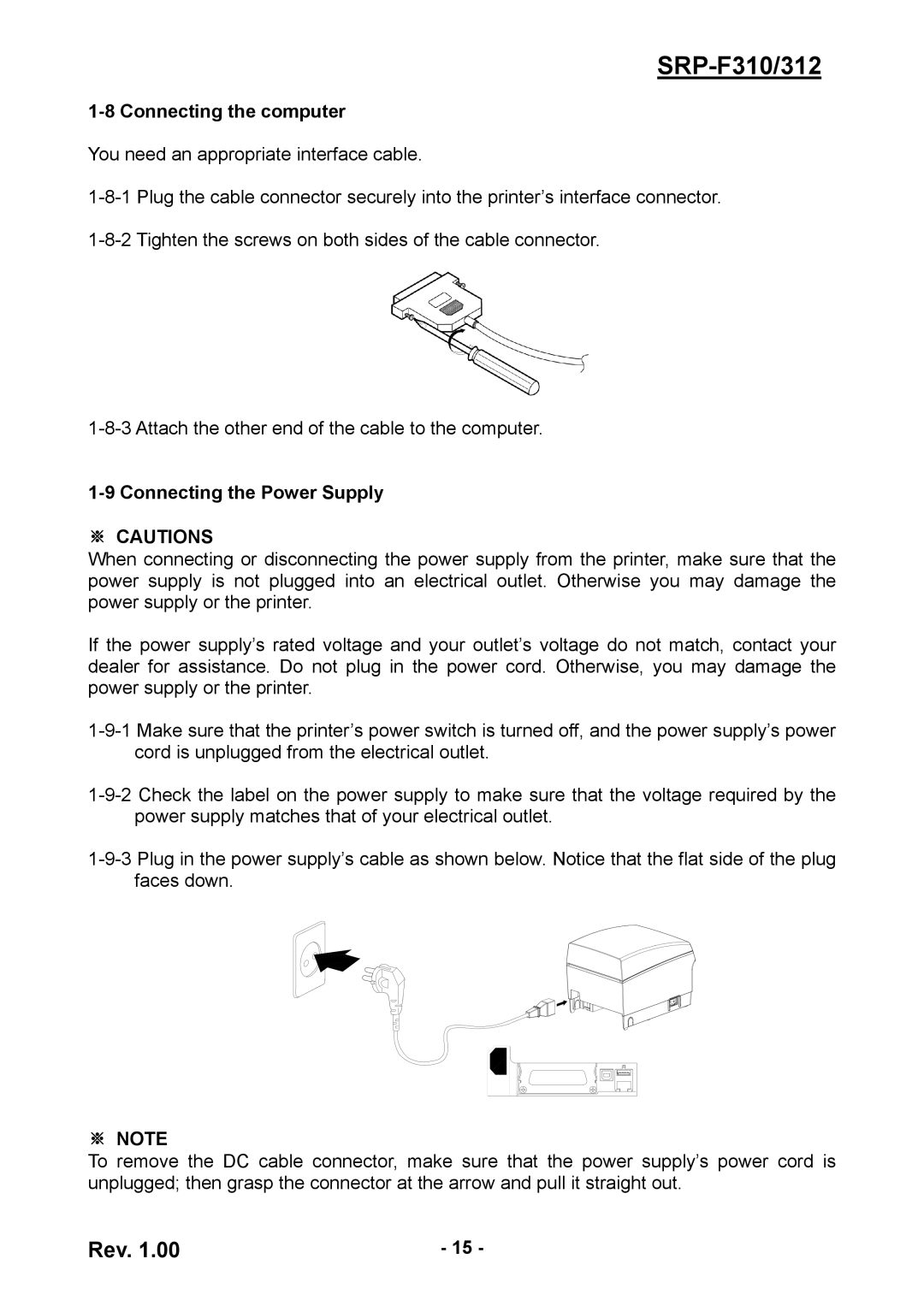 BIXOLON SRP-F310, SRP-F312 user manual Connecting the computer, Connecting the Power Supply 