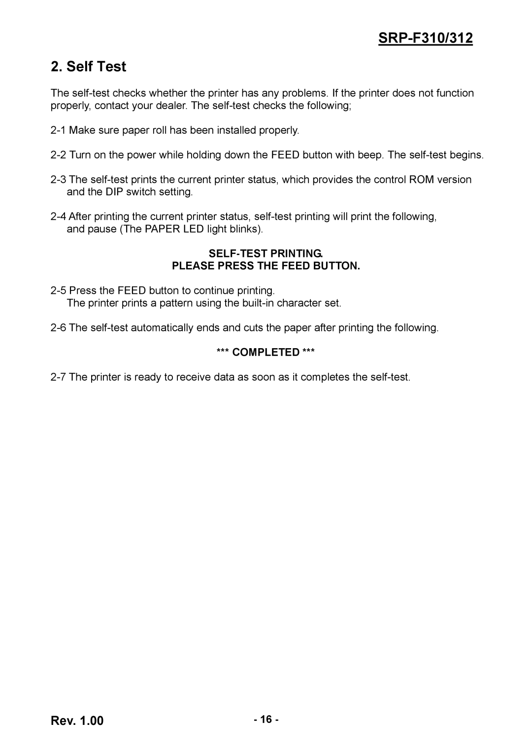 BIXOLON SRP-F312 user manual SRP-F310/312 Self Test, SELF-TEST Printing Please Press the Feed Button 