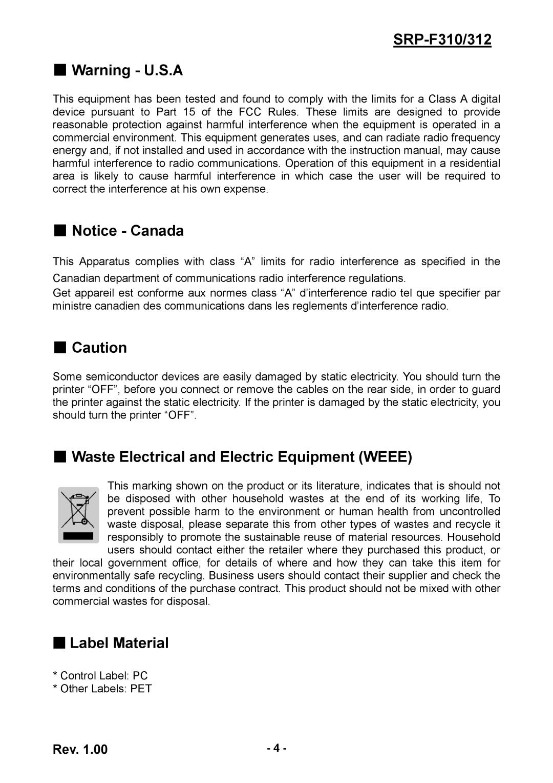 BIXOLON SRP-F312, SRP-F310 user manual Waste Electrical and Electric Equipment Weee, Label Material 