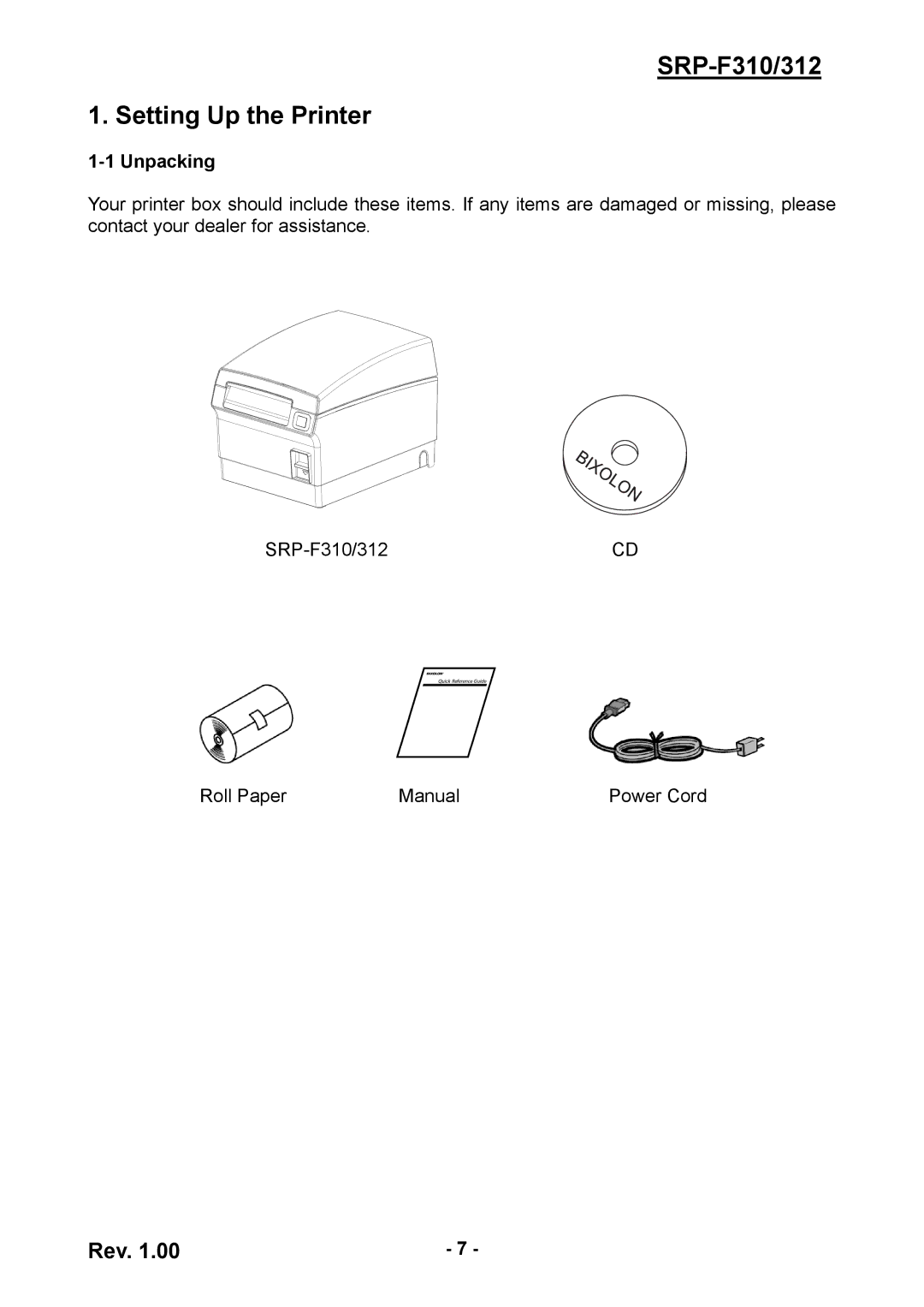 BIXOLON SRP-F312 user manual SRP-F310/312 Setting Up the Printer, Unpacking 