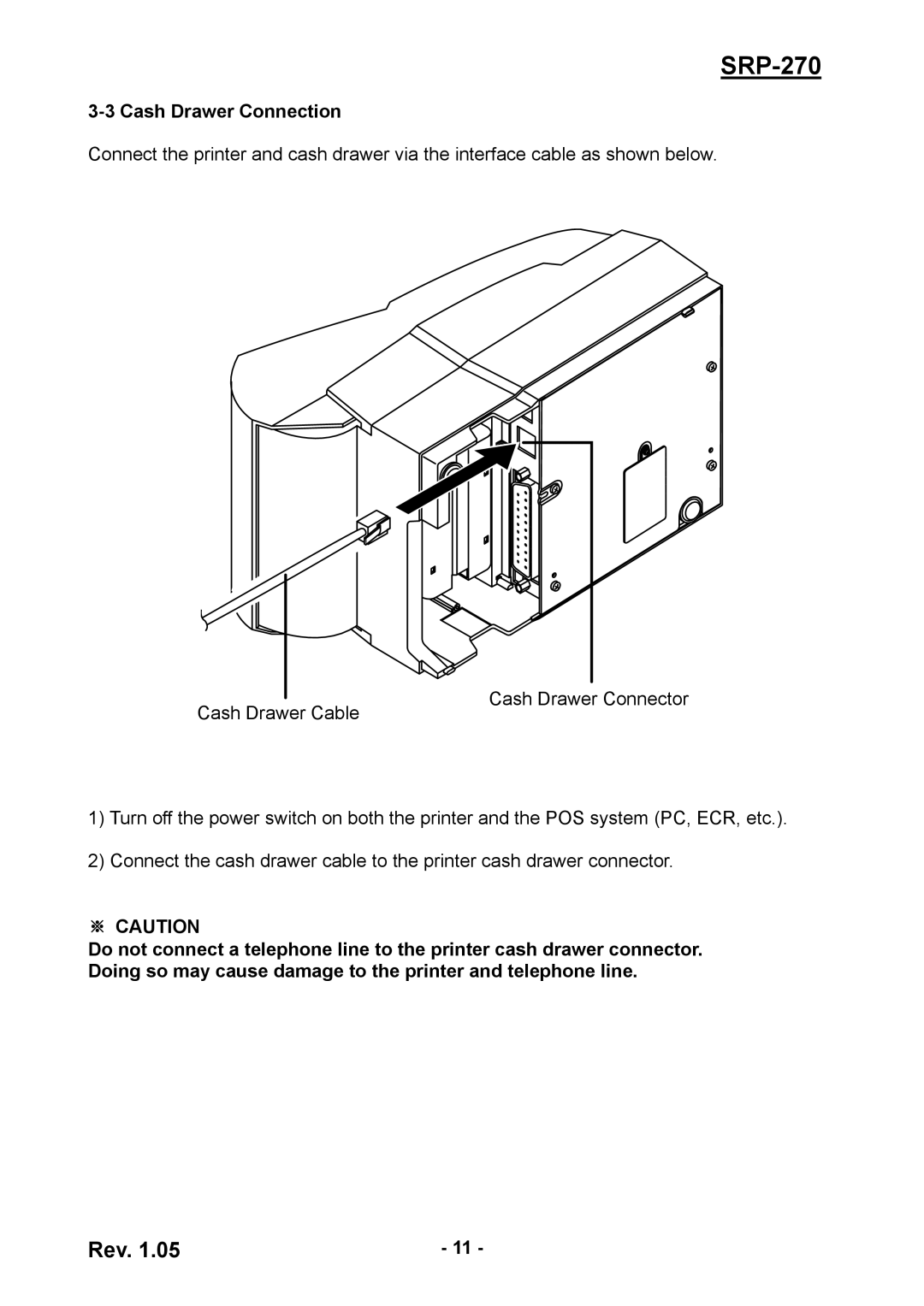 BIXOLON SRP270CPG user manual Cash Drawer Connection, ※ Caution 