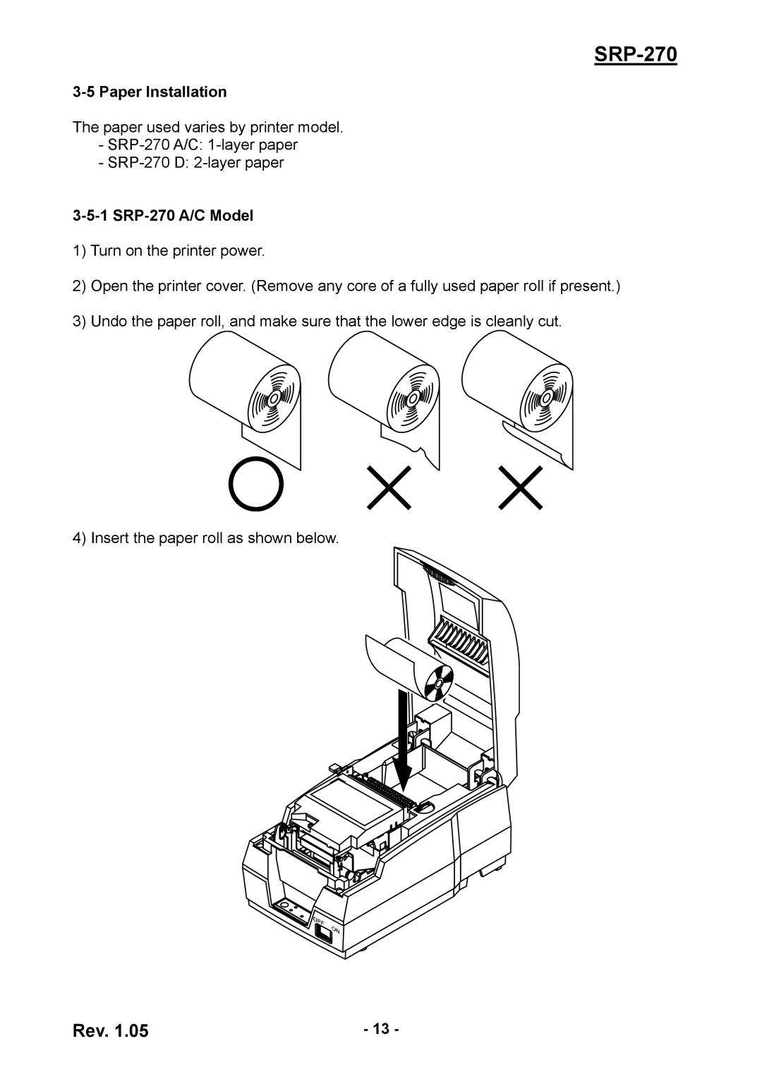 BIXOLON SRP270CPG user manual Paper Installation, SRP-270 A/C Model 