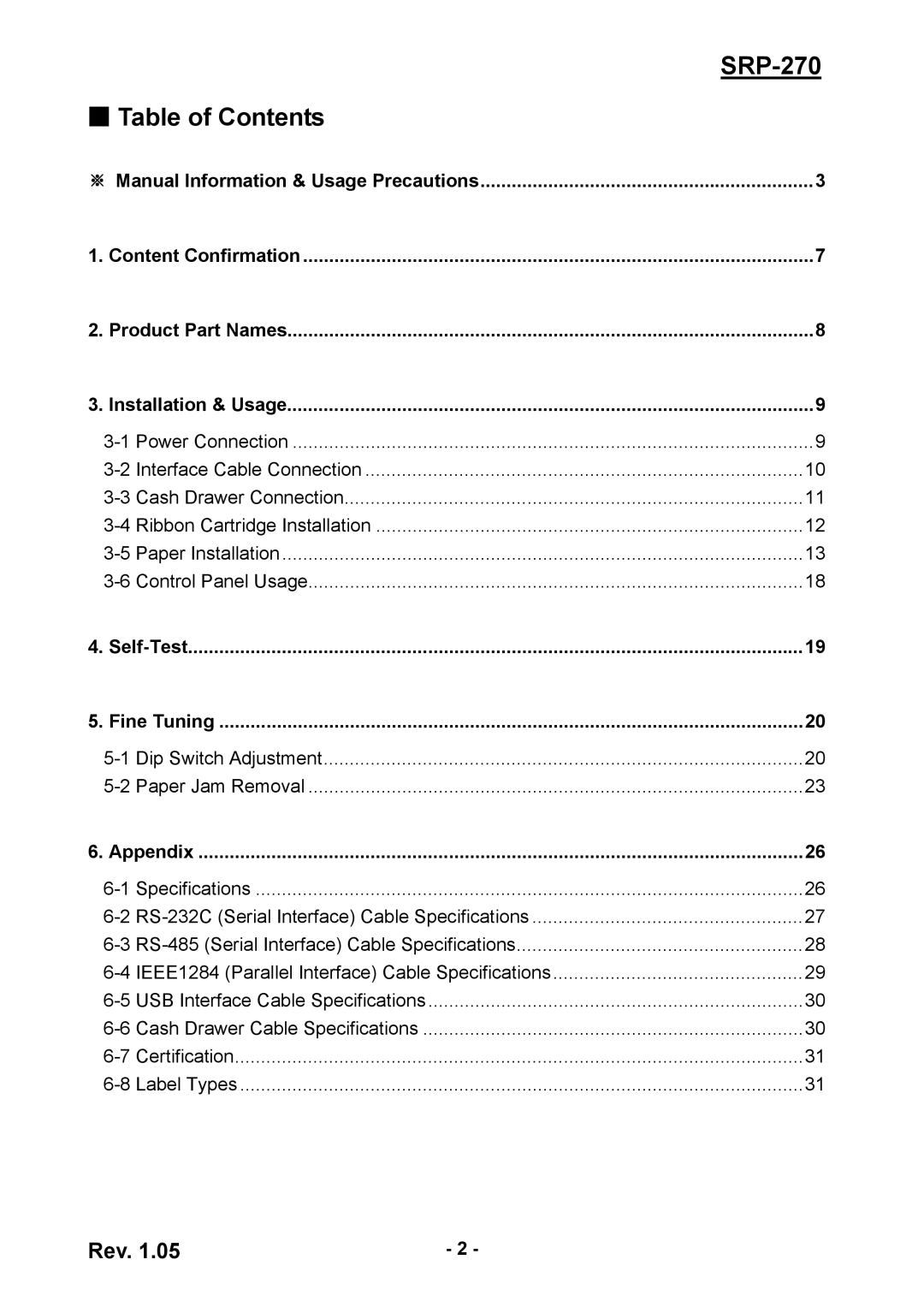 BIXOLON SRP270CPG user manual SRP-270, Table of Contents 