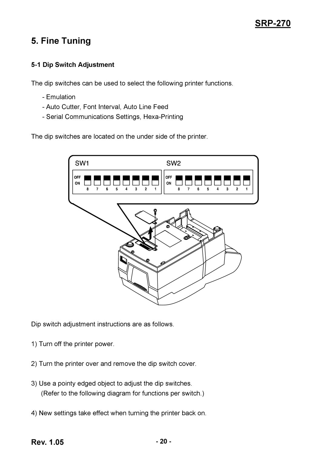 BIXOLON SRP270CPG user manual SRP-270 Fine Tuning, Dip Switch Adjustment 