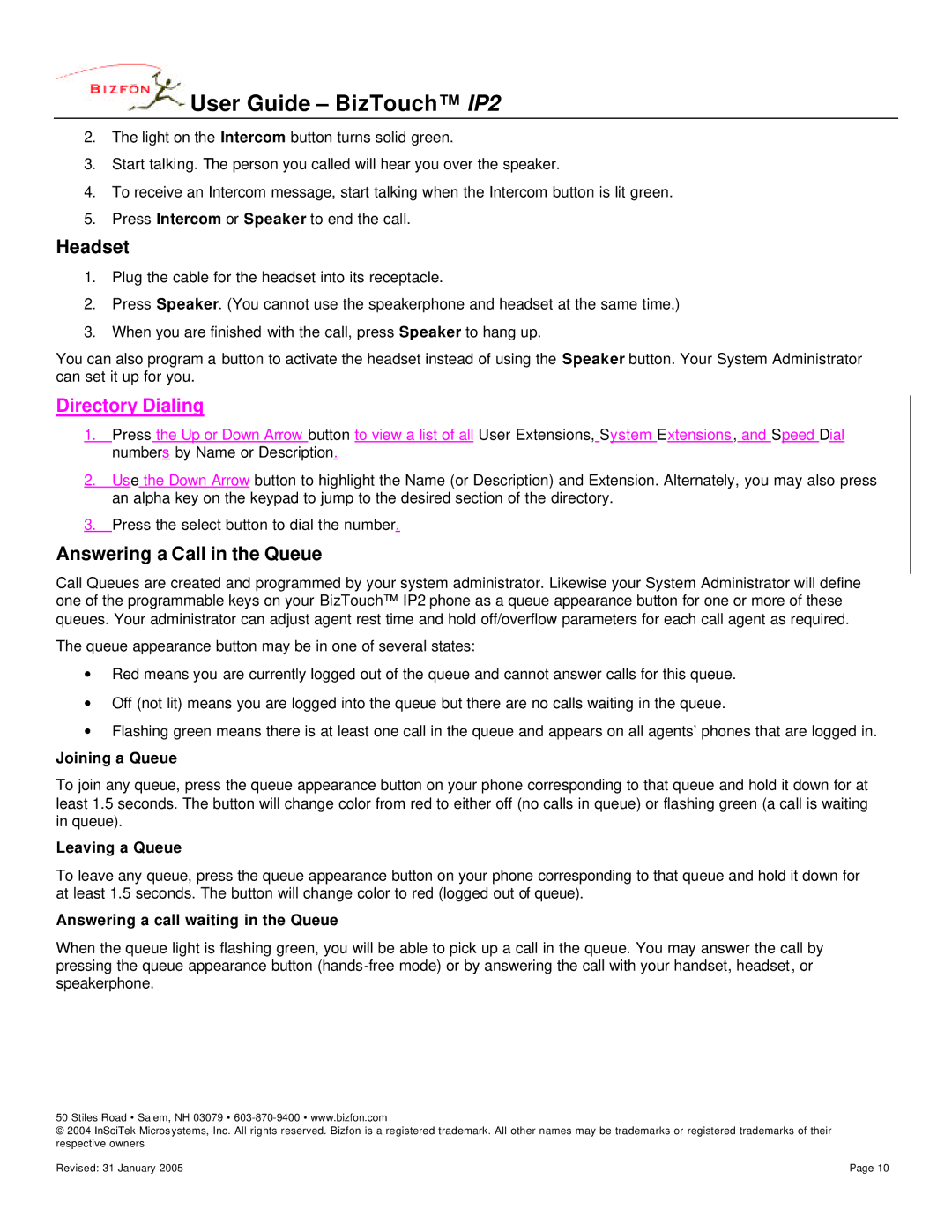 Bizfon BizTouch, WD482400400 manual Headset, Answering a Call in the Queue, Joining a Queue, Leaving a Queue 