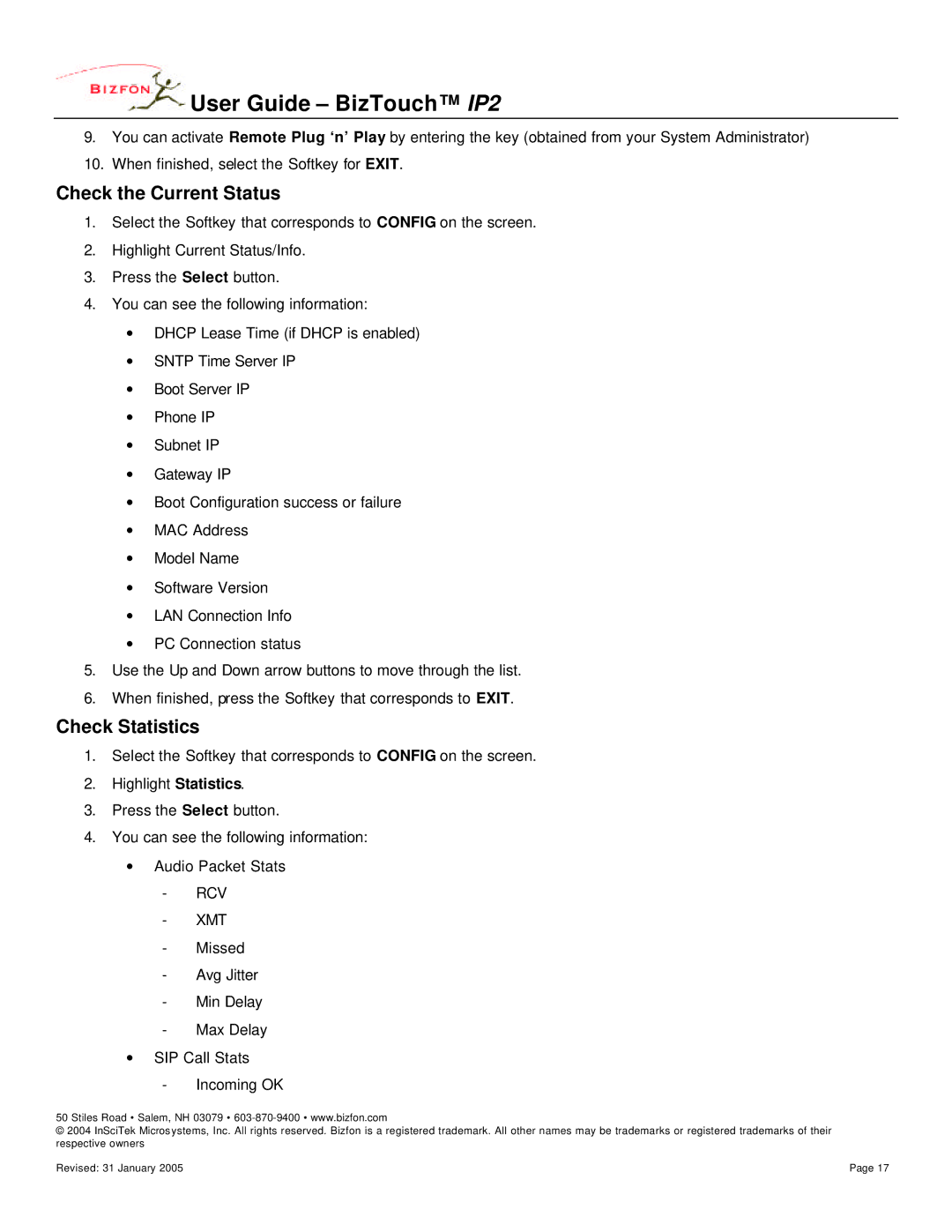 Bizfon WD482400400, BizTouch manual Check the Current Status, Check Statistics 