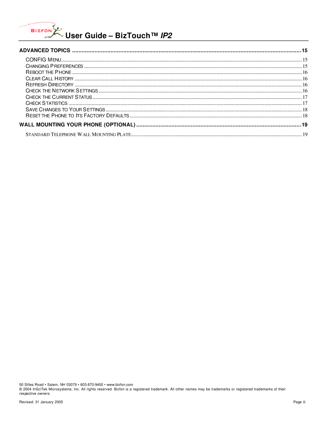 Bizfon BizTouch, WD482400400 manual Advanced Topics 