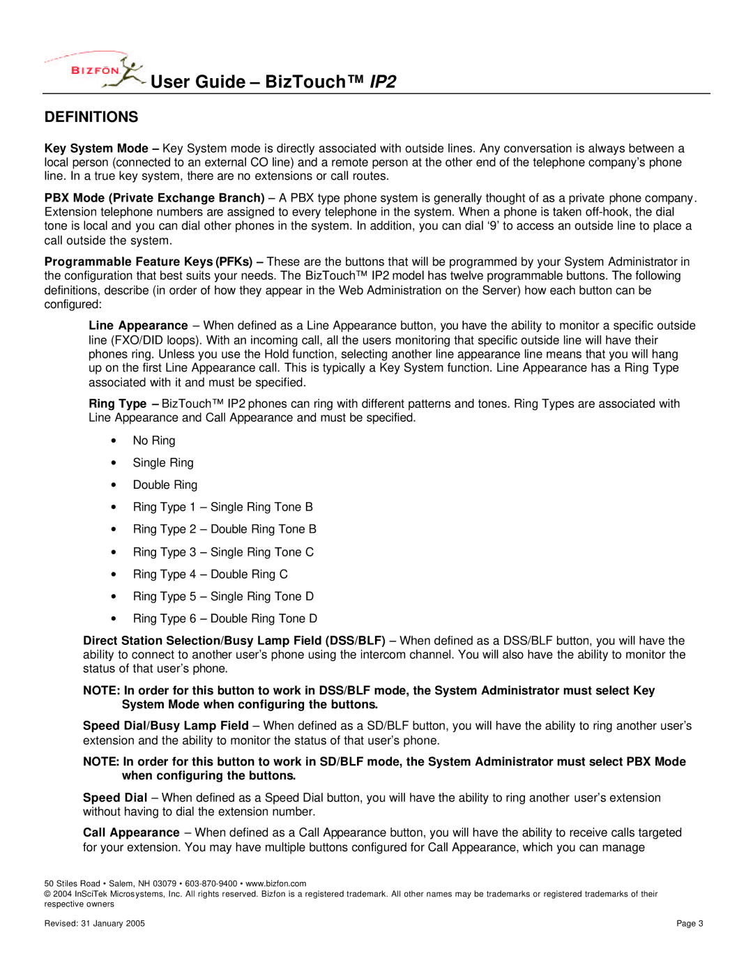 Bizfon WD482400400, BizTouch manual Definitions 