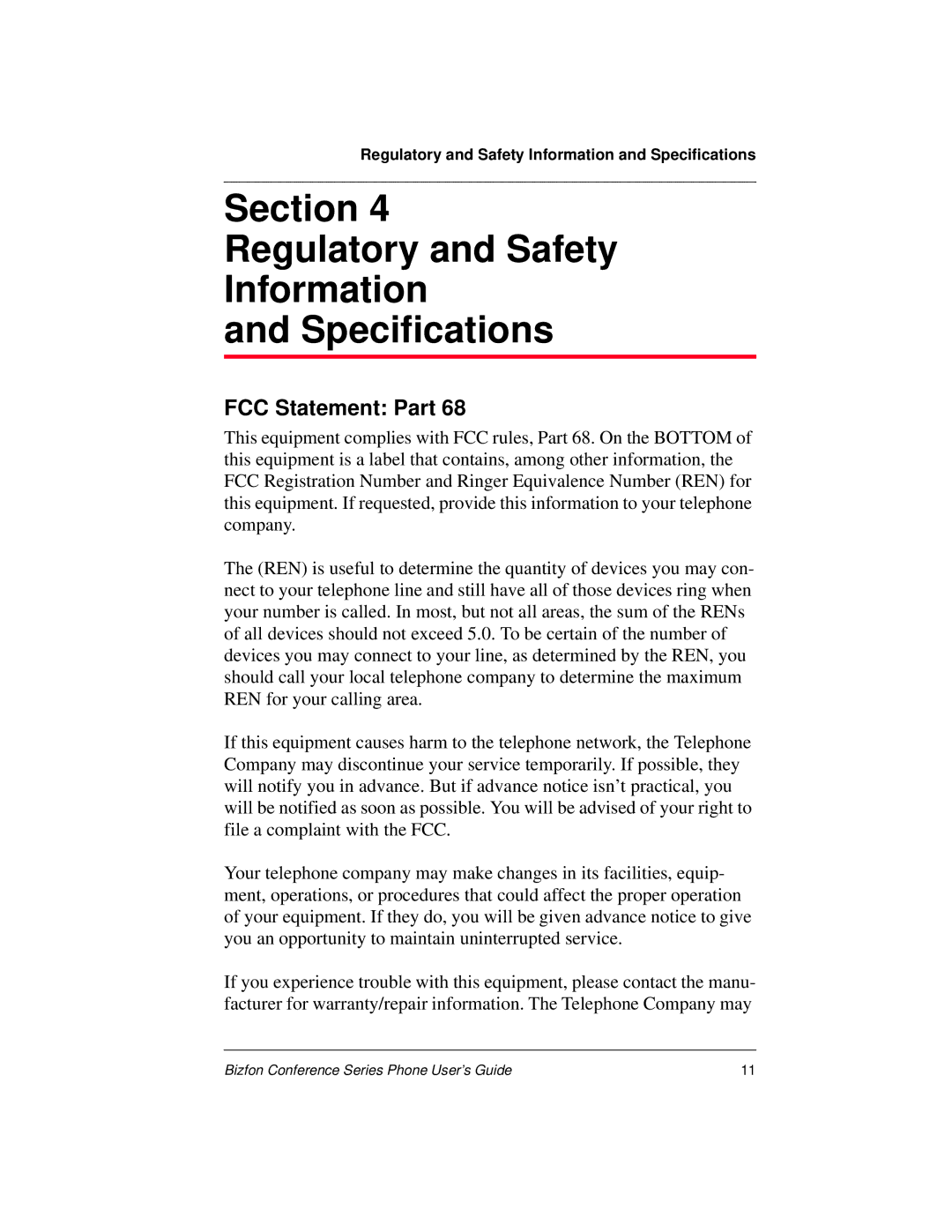 Bizfon Conference Series manual Section Regulatory and Safety Information Specifications, FCC Statement Part 