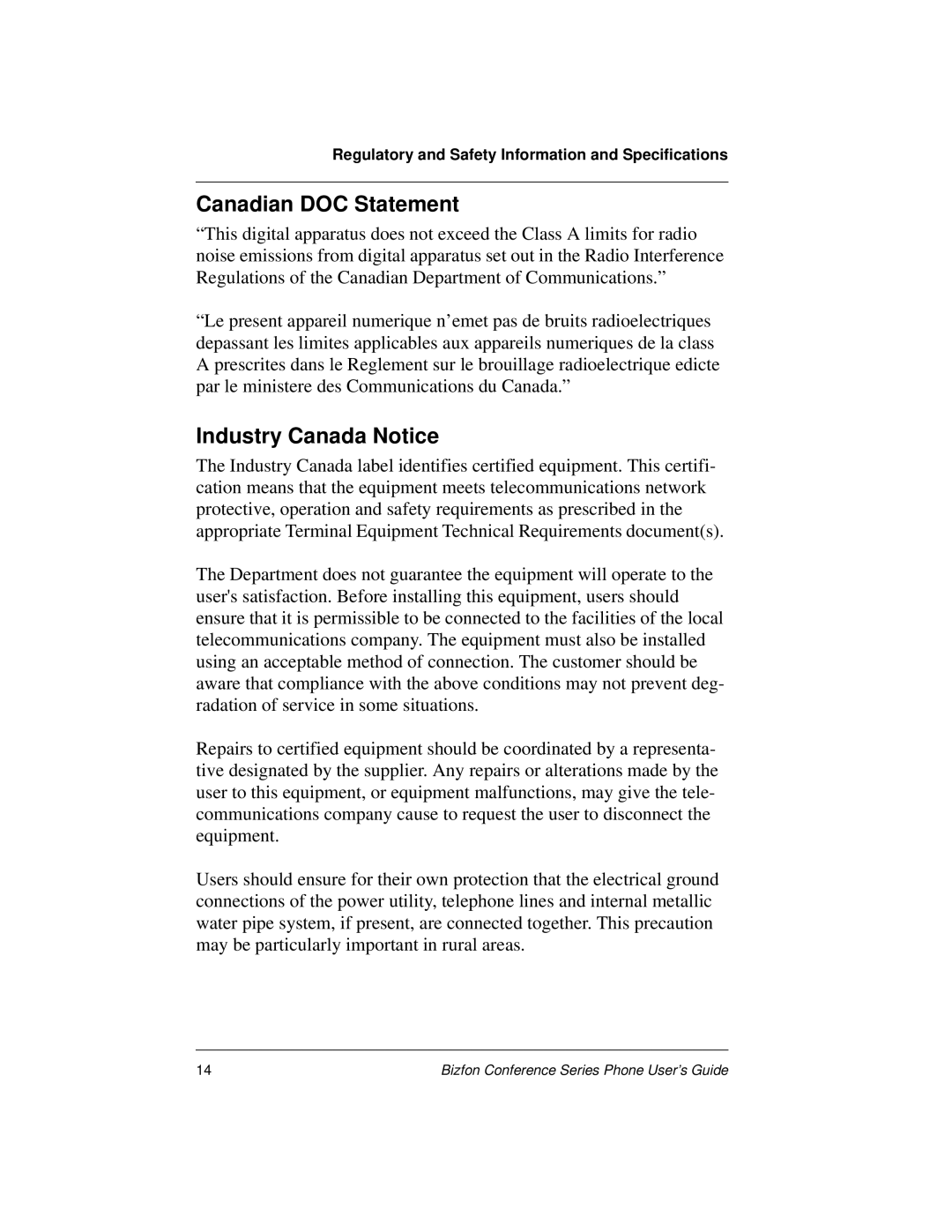 Bizfon Conference Series manual Canadian DOC Statement, Industry Canada Notice 