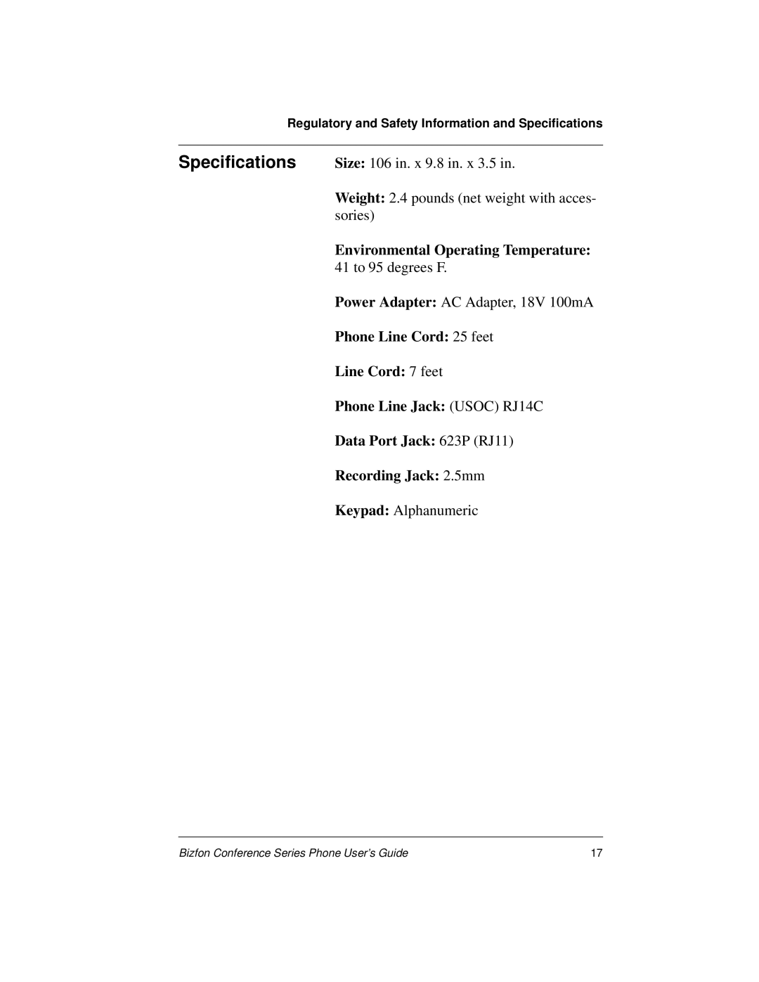 Bizfon Conference Series manual Environmental Operating Temperature 41 to 95 degrees F 