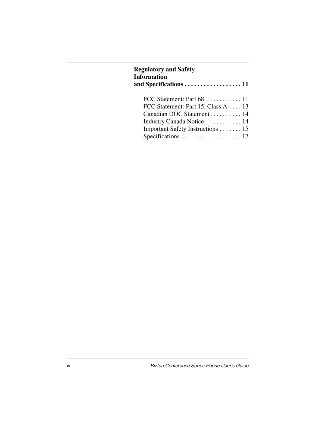 Bizfon Conference Series manual Regulatory and Safety Information Specifications 