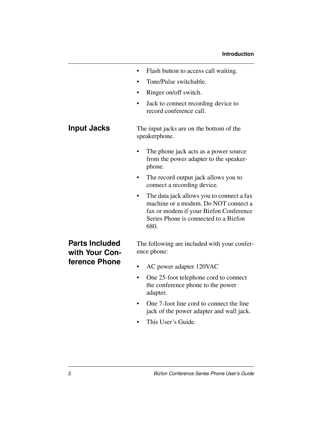 Bizfon Conference Series manual Input Jacks, Parts Included with Your Con- ference Phone 