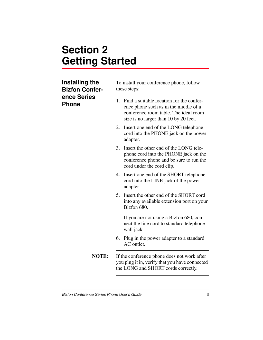 Bizfon Conference Series manual Getting Started, Installing the Bizfon Confer- ence Series Phone 