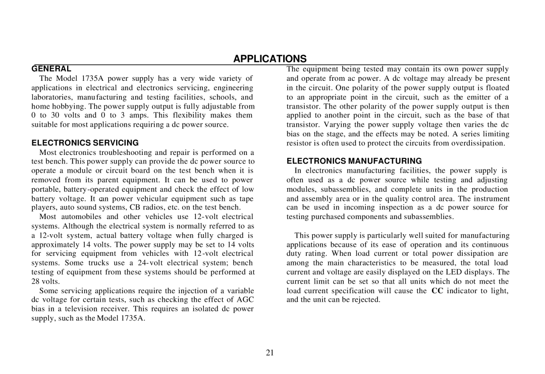 B&K 0-30V, 0-3A instruction manual Applications, General, Electronics Servicing, Electronics Manufacturing 