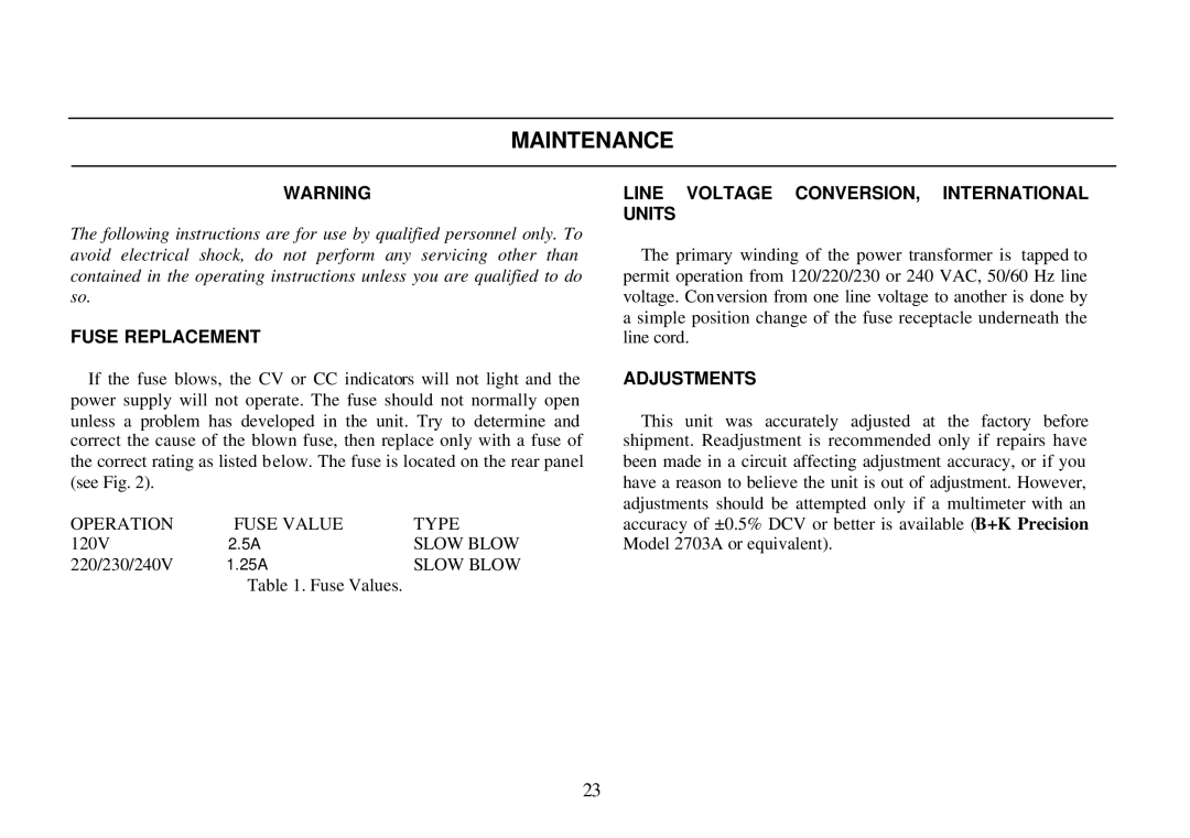 B&K 0-30V, 0-3A instruction manual Maintenance, Fuse Replacement, Line Voltage CONVERSION, International Units, Adjustments 