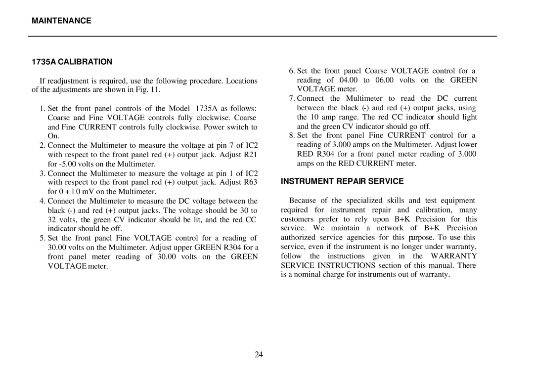 B&K 0-3A, 0-30V instruction manual Maintenance 1735A Calibration, Instrument Repair Service 