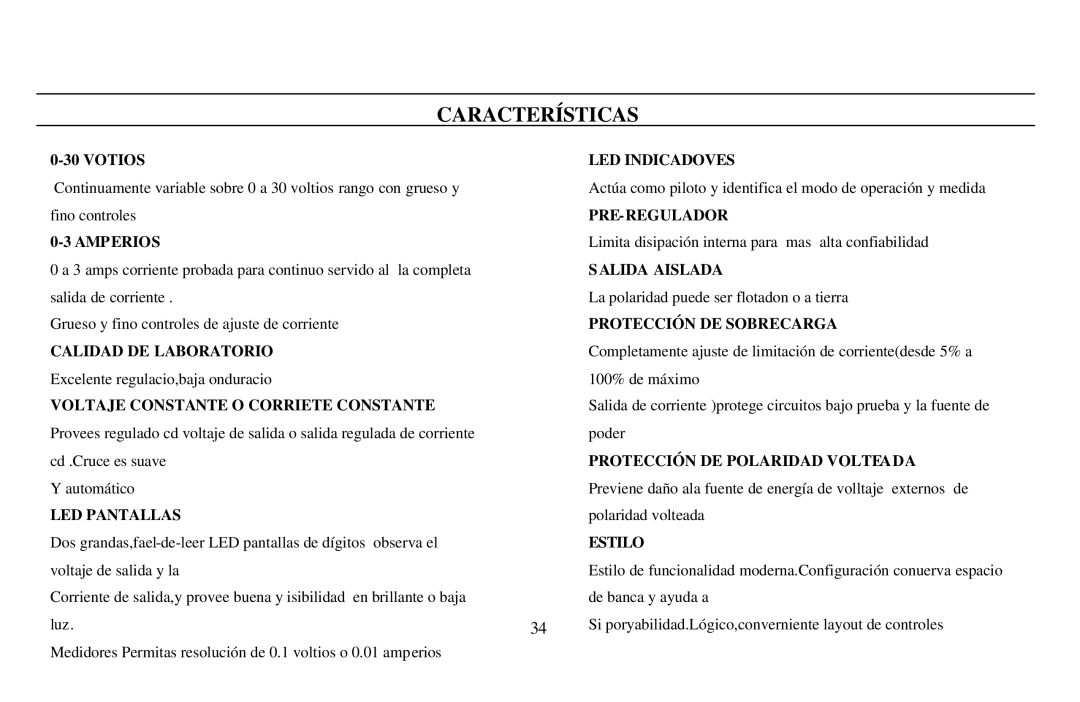 B&K 0-3A, 0-30V instruction manual Características 