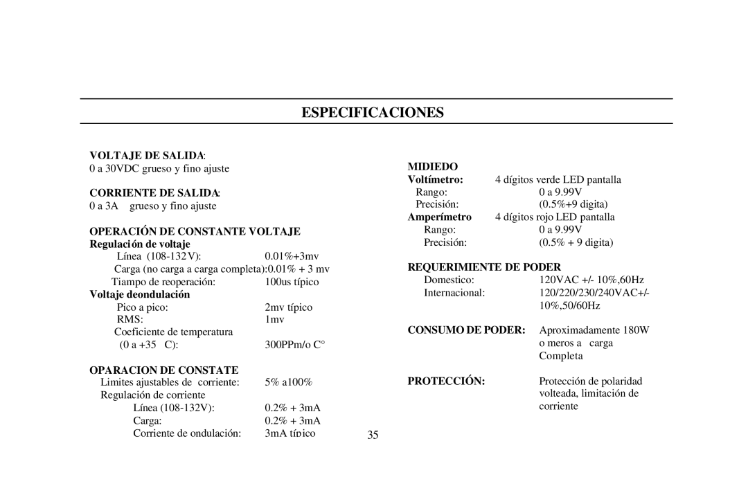 B&K 0-30V, 0-3A instruction manual Especificaciones 