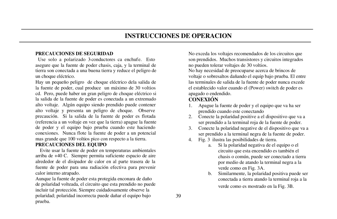 B&K 0-30V, 0-3A instruction manual Instrucciones DE Operacion, Precauciones DE Seguridad, Precauciones DEL Equipo 