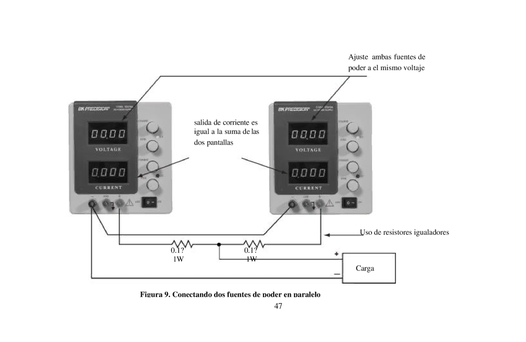 B&K 0-30V, 0-3A instruction manual Figura 9. Conectando dos fuentes de poder en paralelo 