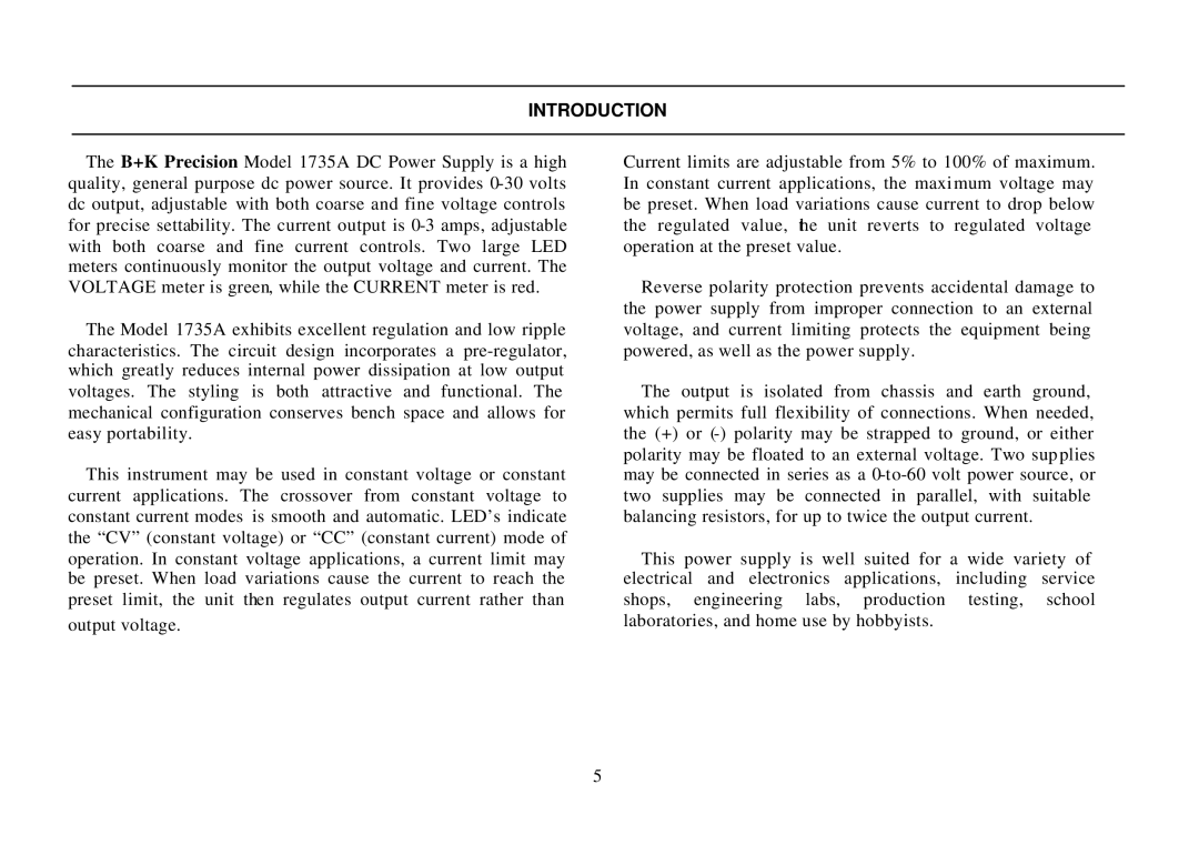 B&K 0-30V, 0-3A instruction manual Introduction 