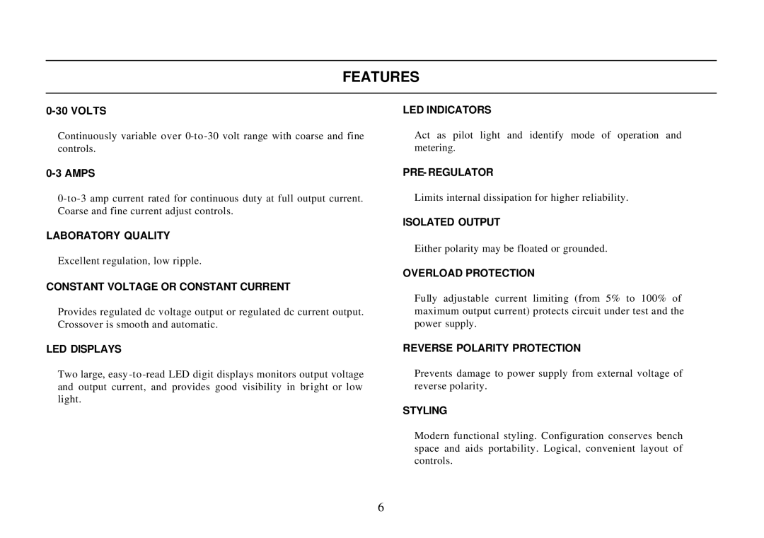 B&K 0-3A, 0-30V instruction manual Features, Amps 