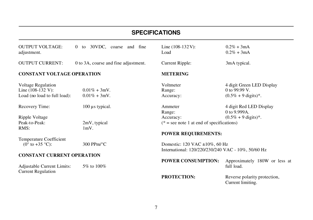 B&K 0-30V, 0-3A instruction manual Specifications 