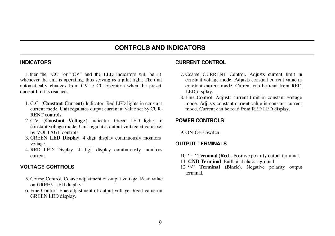 B&K 0-30V, 0-3A instruction manual Controls and Indicators 