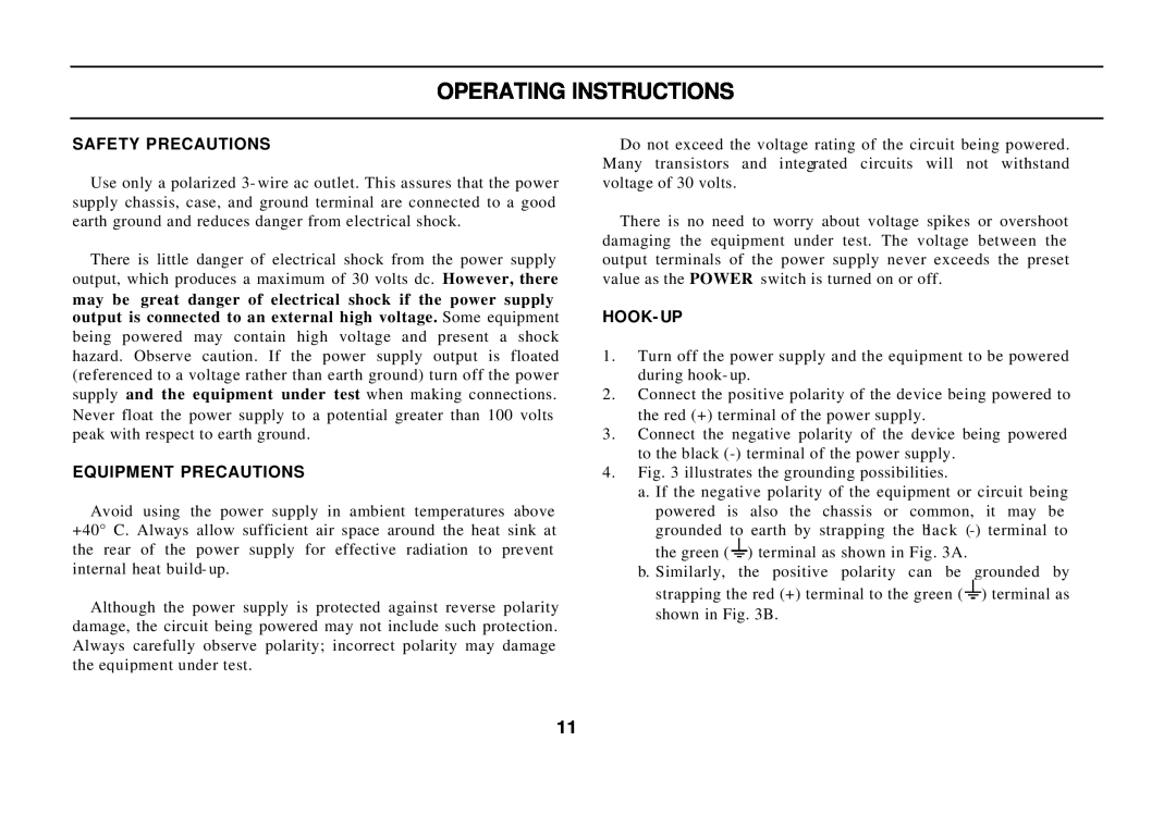 B&K 0-30V, 0-3A instruction manual Operating Instructions, Safety Precautions, Equipment Precautions, Hook- Up 