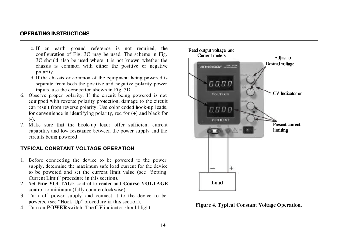 B&K 0-3A Operating Instructions, Typical Constant Voltage Operation, Set Fine VOLTAGE control to center and Coarse VOLTAGE 