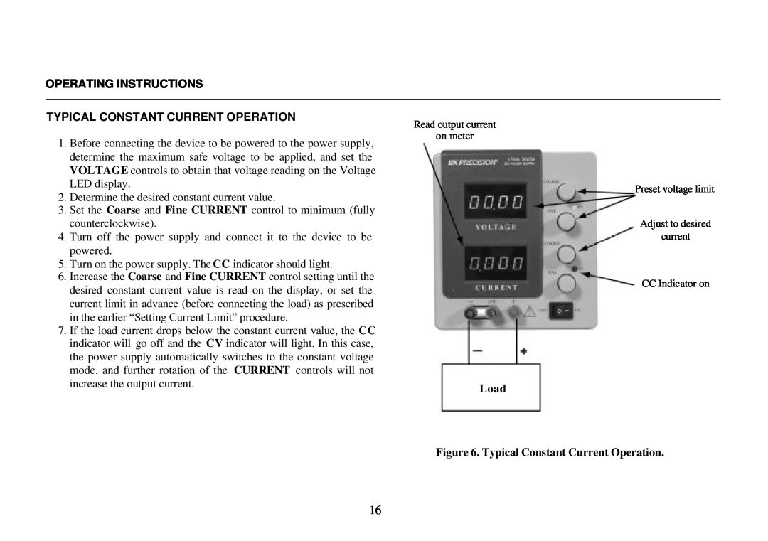 B&K 0-3A Operating Instructions, Typical Constant Current Operation, Determine the desired constant current value, Load 