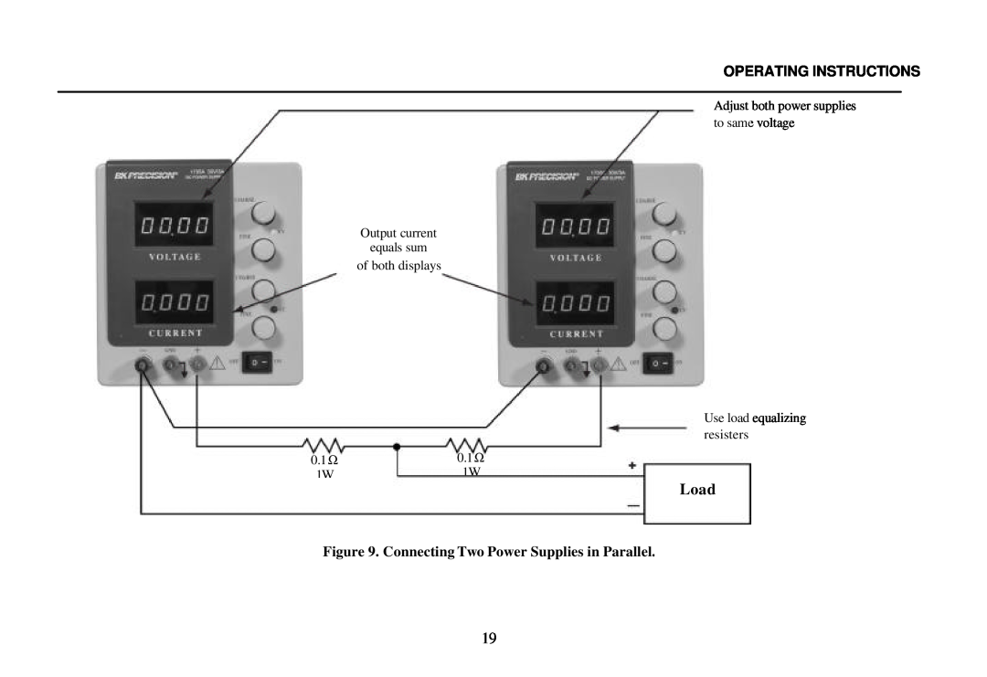 B&K 0-30V, 0-3A instruction manual Load, Operating Instructions, Connecting Two Power Supplies in Parallel 