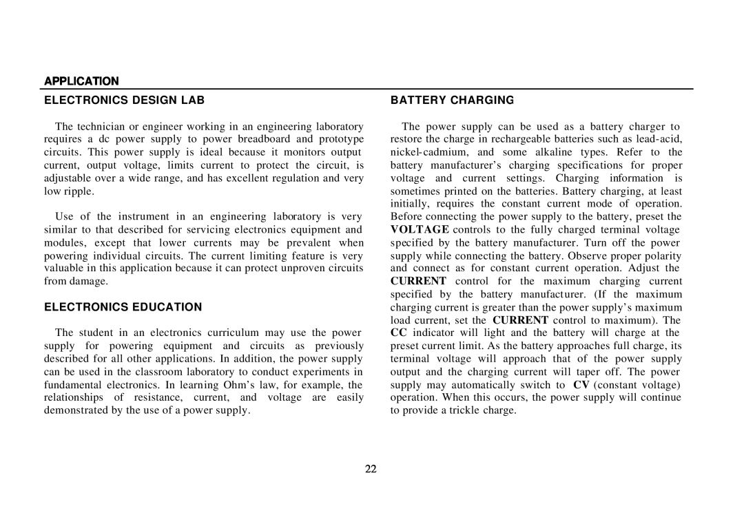 B&K 0-3A, 0-30V instruction manual Application, Electronics Design Lab, Electronics Education, Battery Charging 