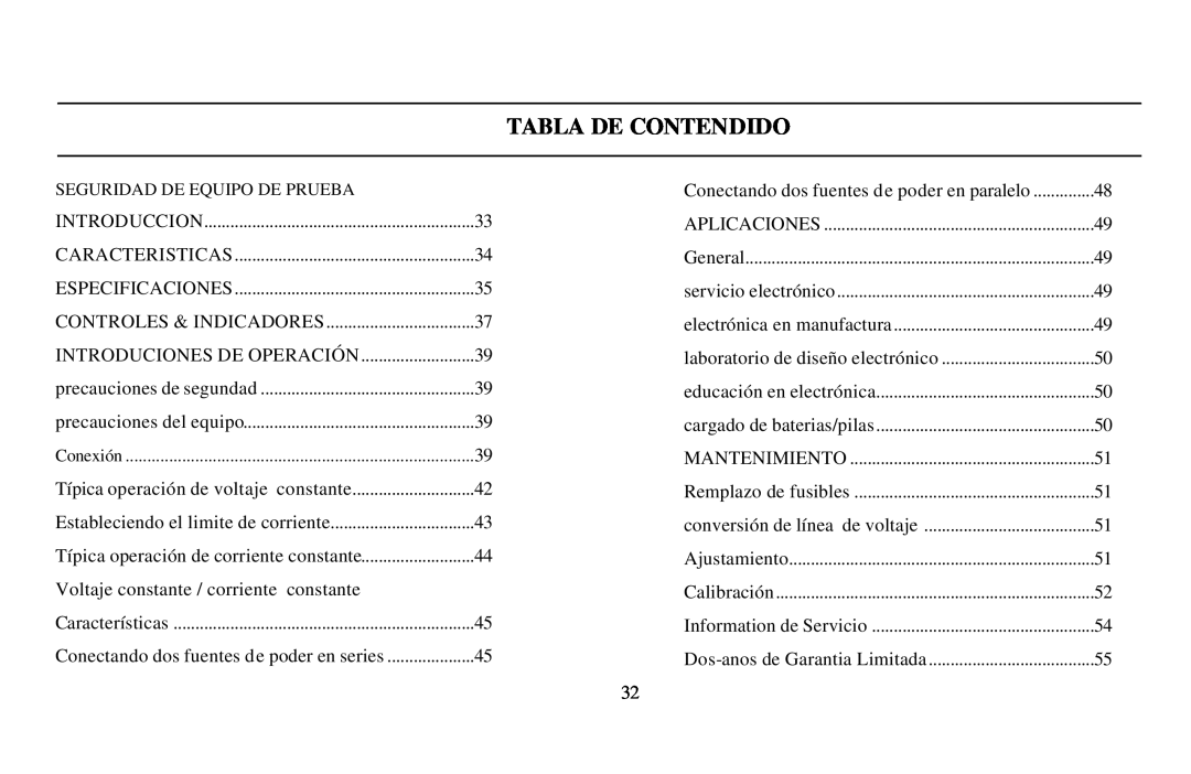 B&K 0-3A, 0-30V instruction manual Tabla De Contendido 